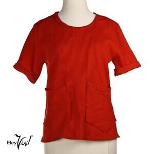 Vintage 70s Top Red Pullover Ribbed Knit w 2 Big Patch Pockets Sz Large -Hey Viv
